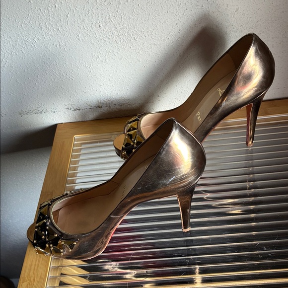 Christian Louboutin Black and Gold Studded Peep Toe Heels - Picture 2 of 6